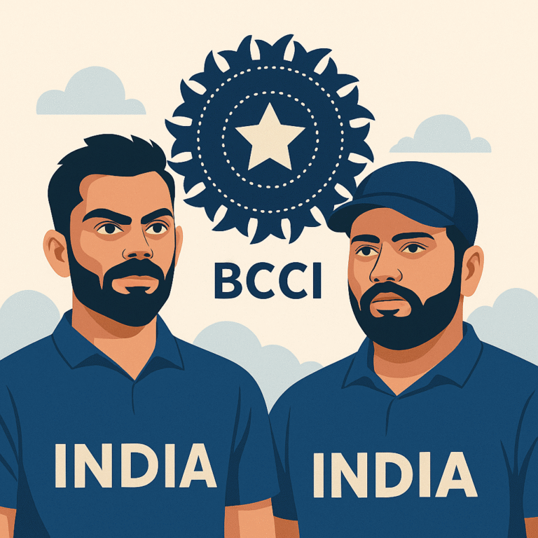 Illustration of Virat Kohli and Rohit Sharma in Indian jerseys with BCCI emblem, symbolizing the debate on BCCI treatment of Kohli and Rohit