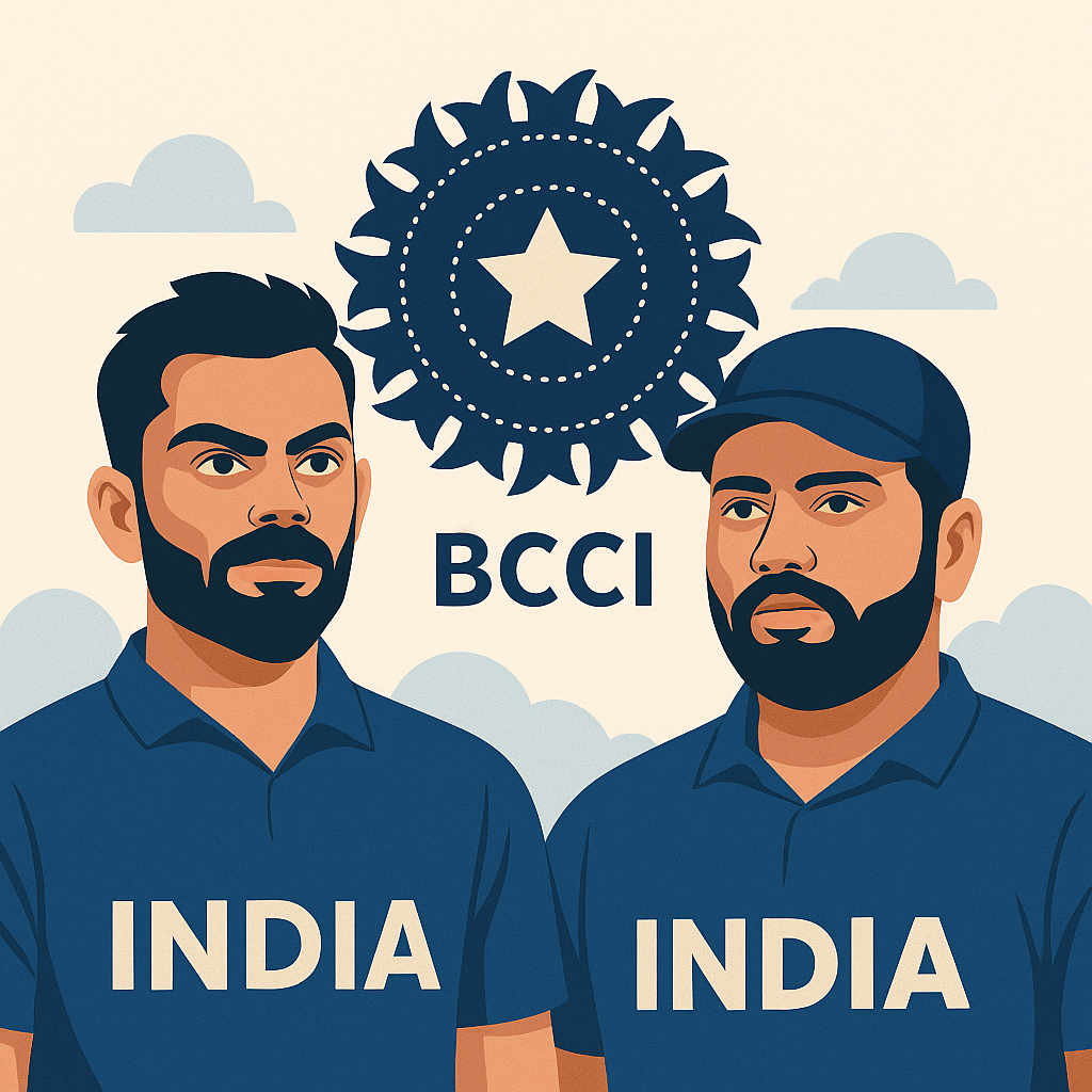 Illustration of Virat Kohli and Rohit Sharma in Indian jerseys with BCCI emblem, symbolizing the debate on BCCI treatment of Kohli and Rohit