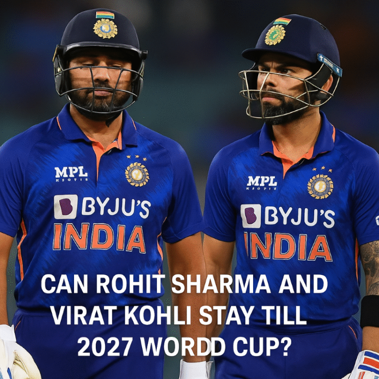 Rohit Sharma and Virat Kohli in India’s blue jersey looking serious during an ODI match, symbolizing debate on their future till 2027 World Cup