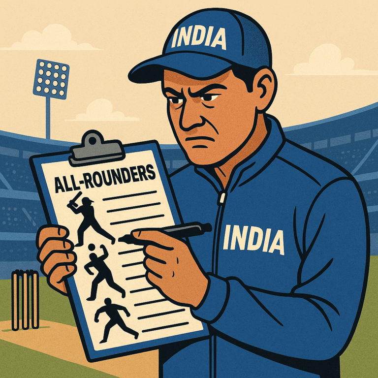 Illustration showing Team India’s obsession about allrounders with the coach reviewing an allrounders list during Test selection.